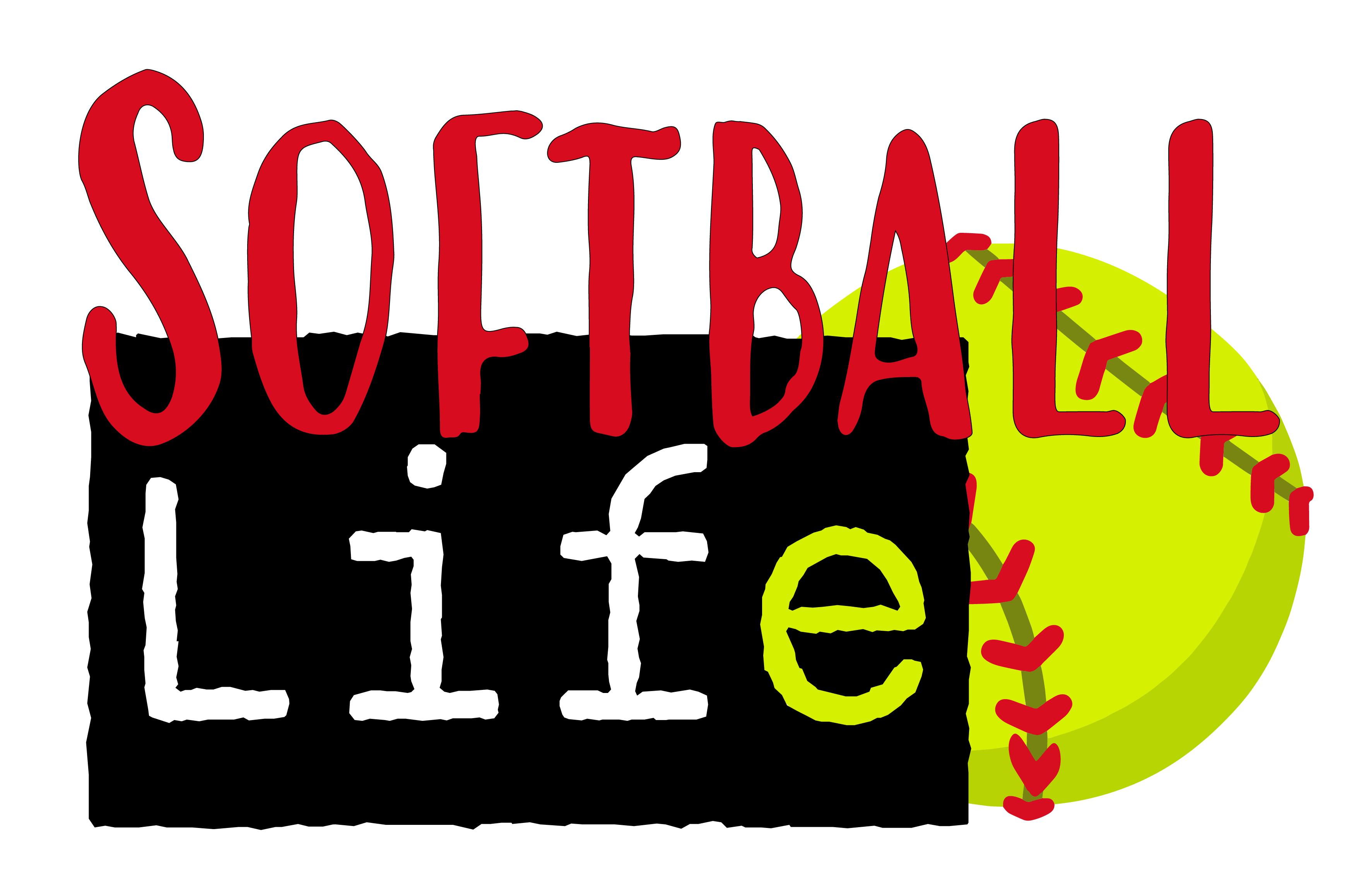 A graphic design featuring the words 'SOFTBALL Life' with a softball illustration. The word 'SOFTBALL' is written in a textured red font, 'Life' is inside a black block with white and neon yellow letters, and the softball is bright yellow with red stitching, all on a plain white background.